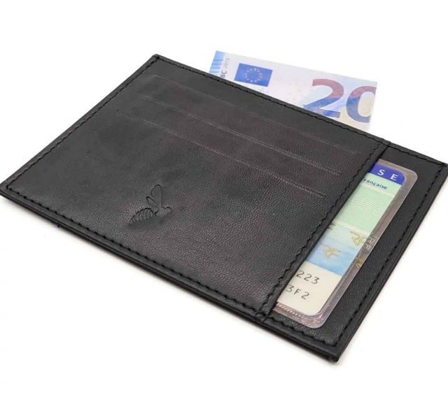 La Guêpe - Petite Maroquinerie - Porte-cartes ouvert "Luxe" tout cuir noir 6 Cartes - PM-013-01