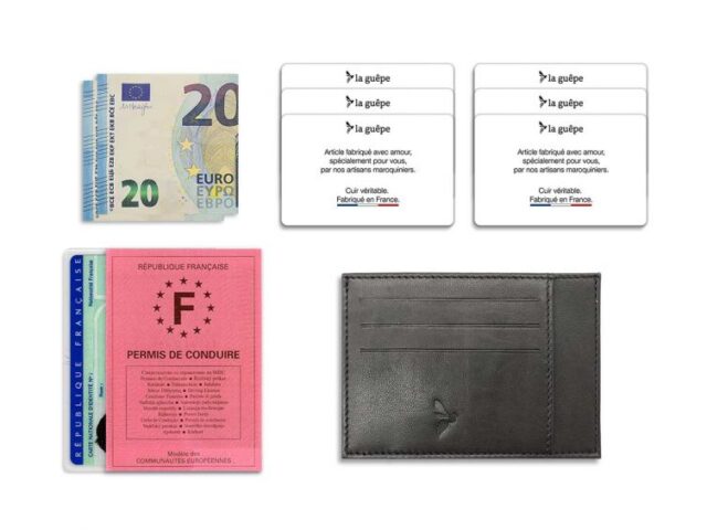 La Guêpe - Petite Maroquinerie - Porte-cartes ouvert "Luxe" tout cuir noir 6 Cartes - PM-013-01