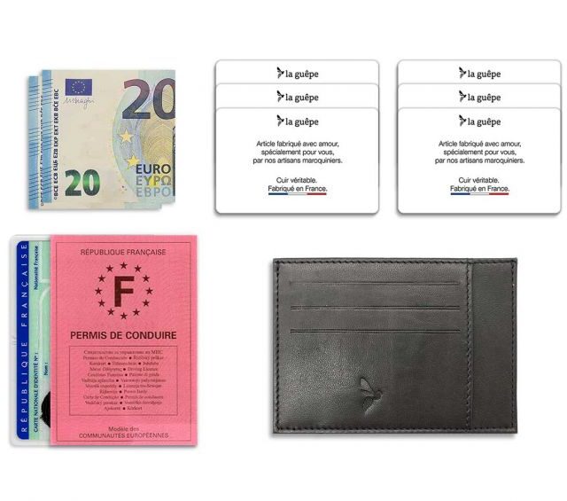 La Guêpe - Petite Maroquinerie - Porte-cartes ouvert "Luxe" tout cuir noir 6 Cartes - PM-013-01