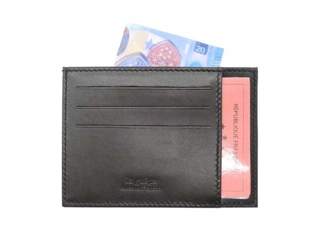 La Guêpe - Petite Maroquinerie - Porte-cartes ouvert "Luxe" tout cuir noir 6 Cartes - PM-013-01