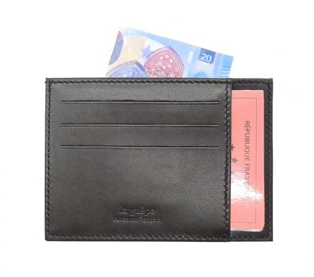 La Guêpe - Petite Maroquinerie - Porte-cartes ouvert "Luxe" tout cuir noir 6 Cartes - PM-013-01