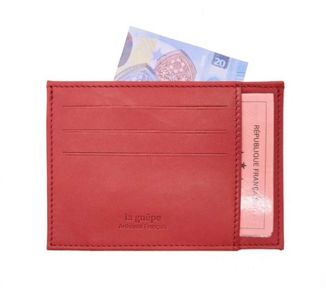 La Guêpe - Petite Maroquinerie - Porte-cartes ouvert "Luxe" tout cuir rouge 6 Cartes - PM-013-01