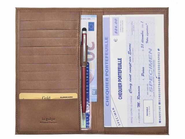 La Guêpe - Petite Maroquinerie - Porte chéquier "Luxe" tout cuir marron