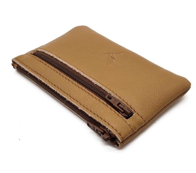 La Guêpe - Petite Maroquinerie - Porte-monnaie simple 2 zip tout cuir caramel - PM-044-02