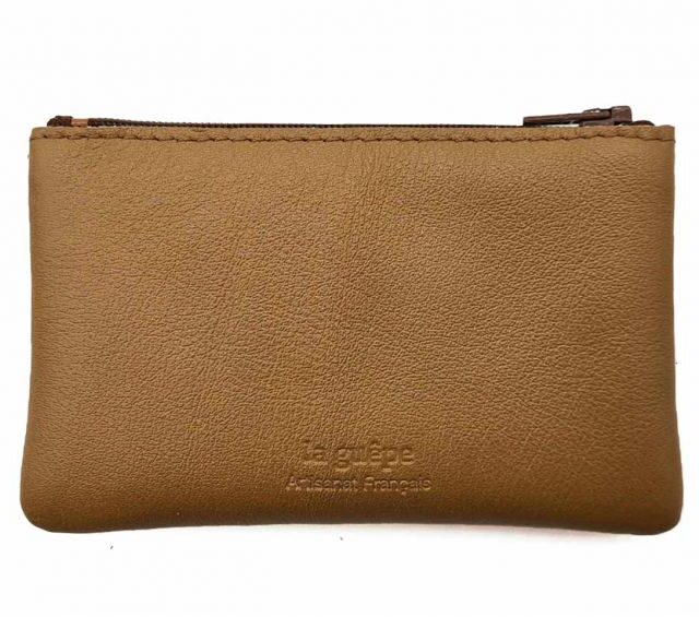 La Guêpe - Petite Maroquinerie - Porte-monnaie simple 2 zip tout cuir caramel - PM-044-02