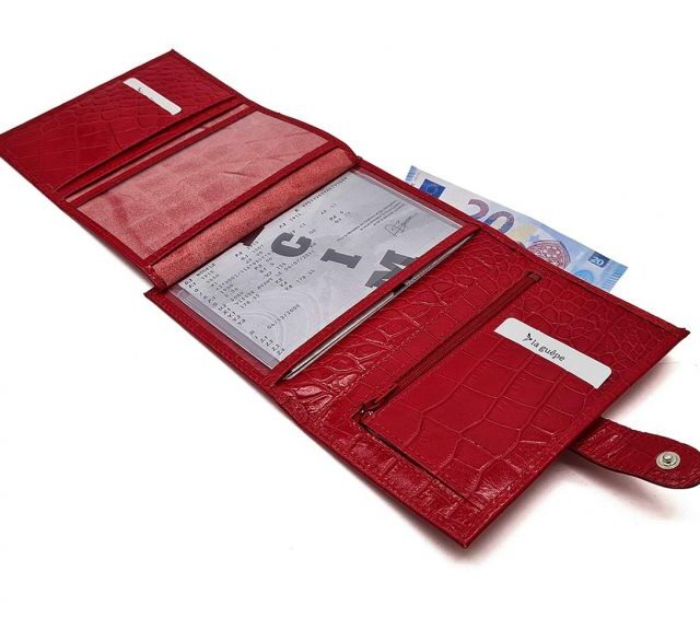 La Guêpe - Petite Maroquinerie - Portefeuille croco 4 volets en cuir rouge - 320