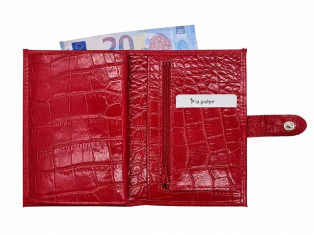 La Guêpe - Petite Maroquinerie - Portefeuille croco 4 volets en cuir rouge - 320