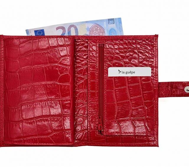 La Guêpe - Petite Maroquinerie - Portefeuille croco 4 volets en cuir rouge - 320