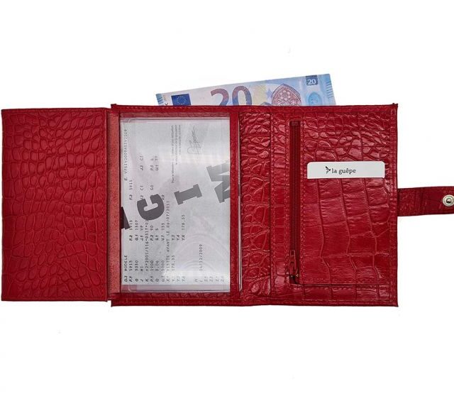 La Guêpe - Petite Maroquinerie - Portefeuille croco 4 volets en cuir rouge - 320