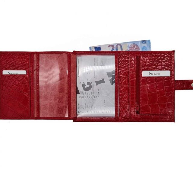 La Guêpe - Petite Maroquinerie - Portefeuille croco 4 volets en cuir rouge - 320