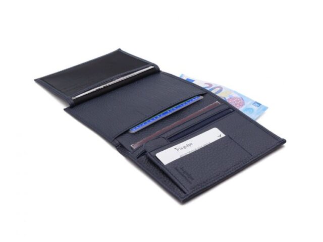 La Guêpe - Petite Maroquinerie - Portefeuille en cuir grainé bleu marine - 15 cm