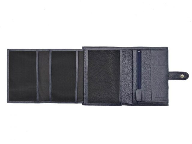 La Guêpe - Petite Maroquinerie - Portefeuille en cuir grainé bleu marine avec patte - 15 cm 4 volets - PM-020-05