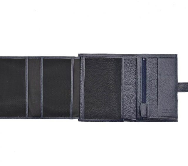 La Guêpe - Petite Maroquinerie - Portefeuille en cuir grainé bleu marine avec patte - 15 cm 4 volets - PM-020-05