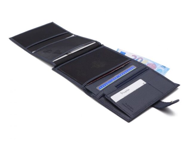 La Guêpe - Petite Maroquinerie - Portefeuille en cuir grainé bleu marine avec patte - 15 cm 4 volets - PM-020-05