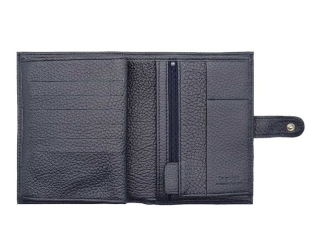 La Guêpe - Petite Maroquinerie - Portefeuille en cuir grainé bleu marine avec patte - 15 cm 4 volets - PM-020-05