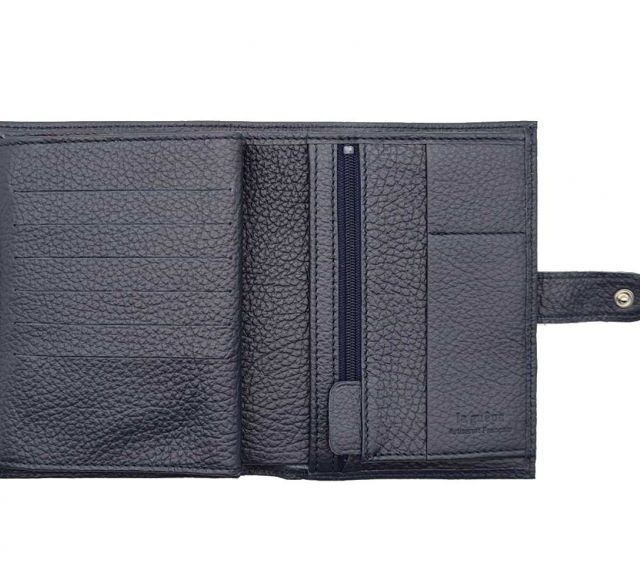 La Guêpe - Petite Maroquinerie - Portefeuille en cuir grainé bleu marine avec patte - 15 cm 4 volets - PM-020-05