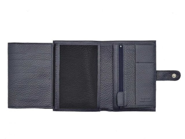 La Guêpe - Petite Maroquinerie - Portefeuille en cuir grainé bleu marine avec patte - 15 cm 4 volets - PM-020-05