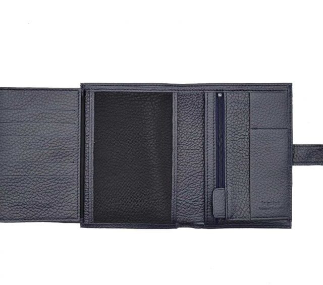La Guêpe - Petite Maroquinerie - Portefeuille en cuir grainé bleu marine avec patte - 15 cm 4 volets - PM-020-05