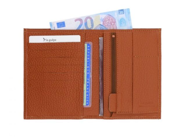 La Guêpe - Petite Maroquinerie - Portefeuille en cuir grainé marron - 15 cm