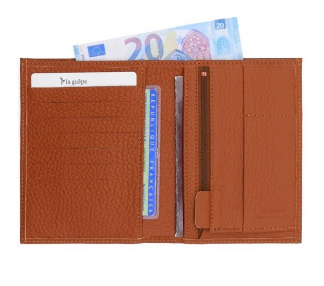 La Guêpe - Petite Maroquinerie - Portefeuille en cuir grainé marron - 15 cm