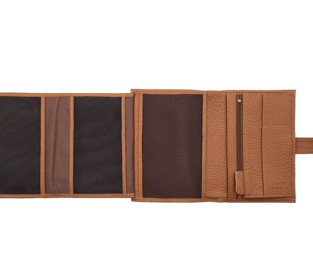 La Guêpe - Petite Maroquinerie - Portefeuille en cuir grainé marron avec patte - 15 cm 4 volets - PM-020-05