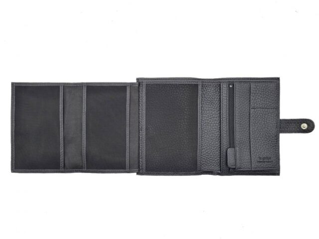 La Guêpe - Petite Maroquinerie - Portefeuille en cuir grainé noir avec patte - 15 cm 4 volets - PM-020-05