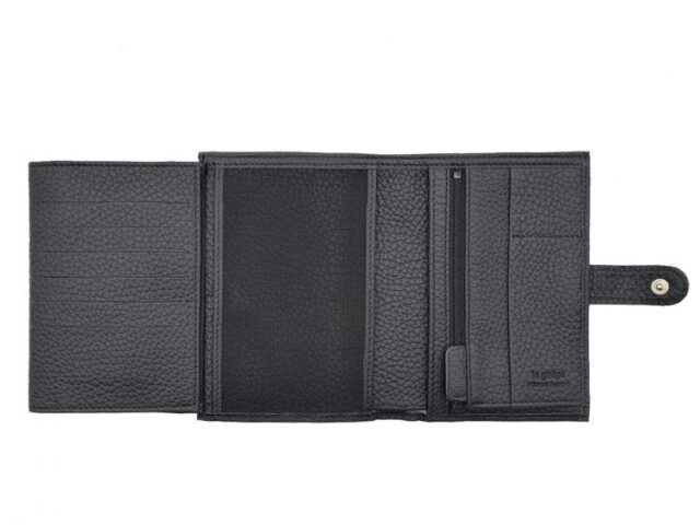 La Guêpe - Petite Maroquinerie - Portefeuille en cuir grainé noir avec patte - 15 cm 4 volets - PM-020-05