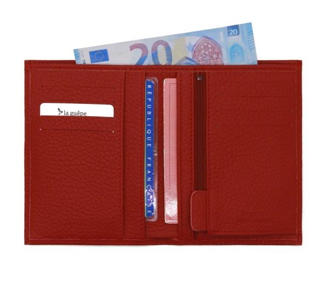 La Guêpe - Petite Maroquinerie - Portefeuille en cuir grainé rouge - 13 cm