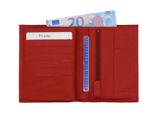 La Guêpe - Petite Maroquinerie - Portefeuille en cuir grainé rouge - 15 cm 4 volets - PM-019-05