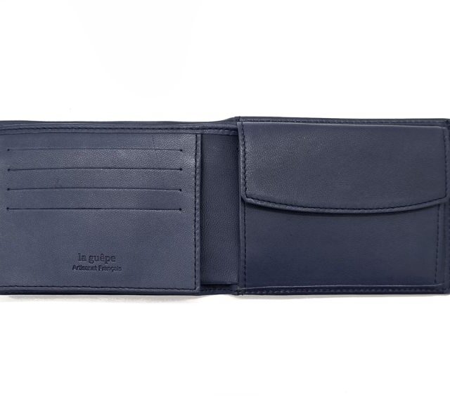 La Guêpe - Petite Maroquinerie - Portefeuille "Luxe" en cuir bleu - 12 cm 3 volets à l'italienne - PM-015-01