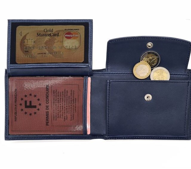 La Guêpe - Petite Maroquinerie - Portefeuille "Luxe" en cuir bleu - 12 cm 3 volets à l'italienne - PM-015-01