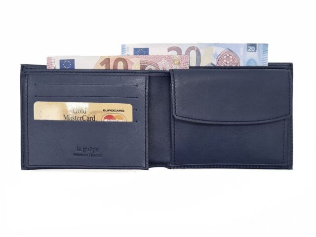 La Guêpe - Petite Maroquinerie - Portefeuille "Luxe" en cuir bleu - 12 cm 3 volets à l'italienne - PM-015-01