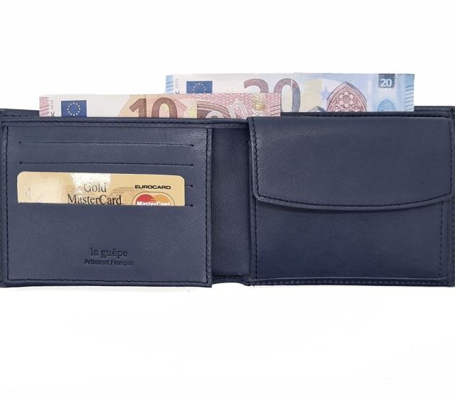 La Guêpe - Petite Maroquinerie - Portefeuille "Luxe" en cuir bleu - 12 cm 3 volets à l'italienne - PM-015-01