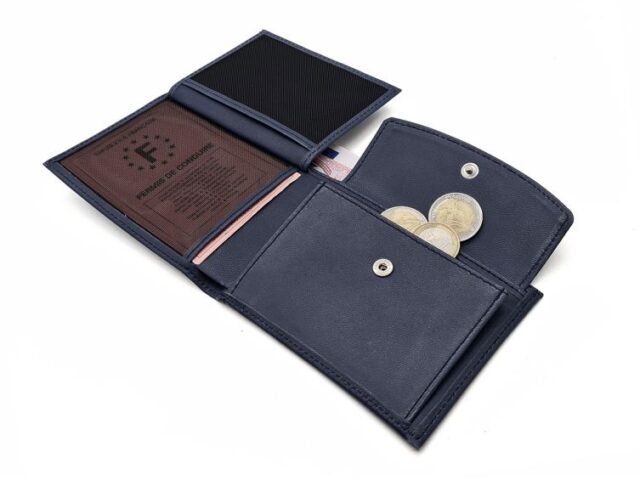 La Guêpe - Petite Maroquinerie - Portefeuille "Luxe" en cuir bleu - 12 cm 3 volets à l'italienne - PM-015-01