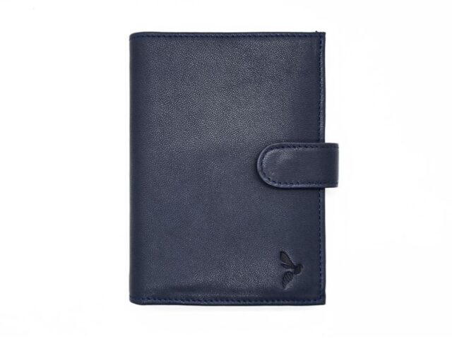 La Guêpe - Portefeuille “Luxe” en cuir bleu – 13 cm, 3 volets avec patte – PM-007-01