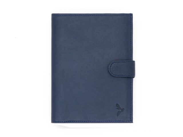La Guêpe - Portefeuille “Luxe” en cuir bleu – 15 cm, 3 volets avec patte – PM-009-01