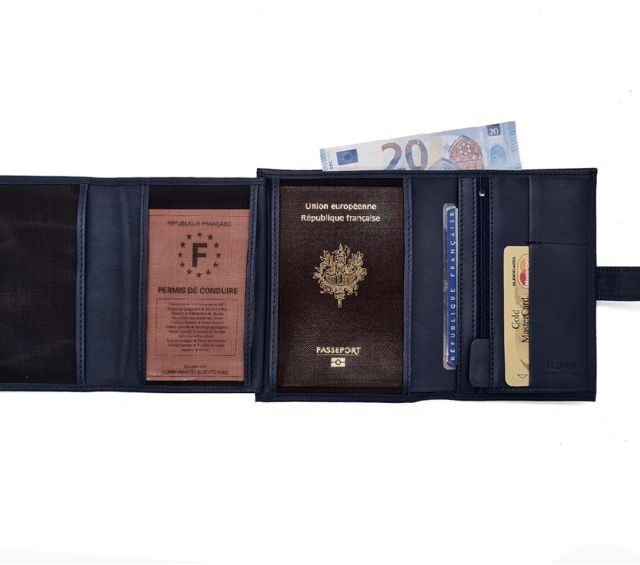 La Guêpe - Petite Maroquinerie - Portefeuille "Luxe" en cuir bleu avec patte - 15 cm 4 volets - PM-020-01