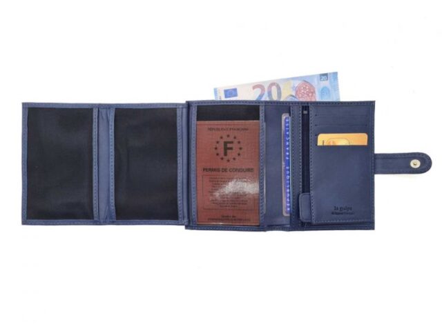 La Guêpe - Petite Maroquinerie - Portefeuille "Luxe" en cuir bleu fermeture patte - 13 cm 4 volets - PM-016-01