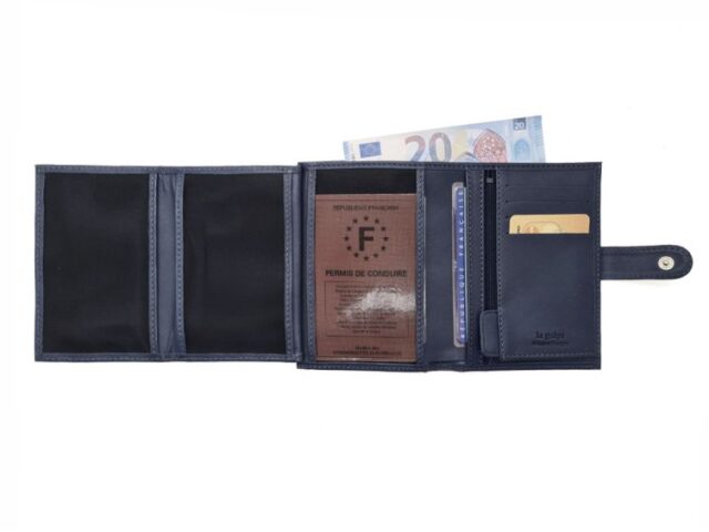 La Guêpe - Petite Maroquinerie - Portefeuille "Luxe" en cuir bleu fermeture patte - 13 cm 4 volets - PM-016-01