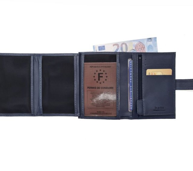 La Guêpe - Petite Maroquinerie - Portefeuille "Luxe" en cuir bleu fermeture patte - 13 cm 4 volets - PM-016-01