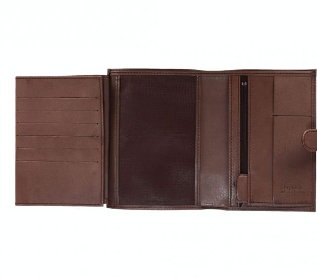 La Guêpe - Petite Maroquinerie - Portefeuille "Luxe" en cuir marron avec patte - 15 cm 4 volets - PM-020-01