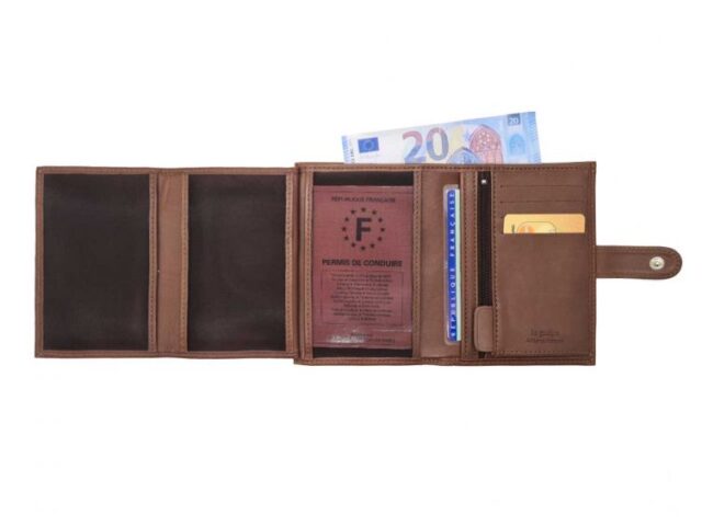 La Guêpe - Petite Maroquinerie - Portefeuille "Luxe" en cuir marron fermeture patte - 13 cm 4 volets - PM-016-01