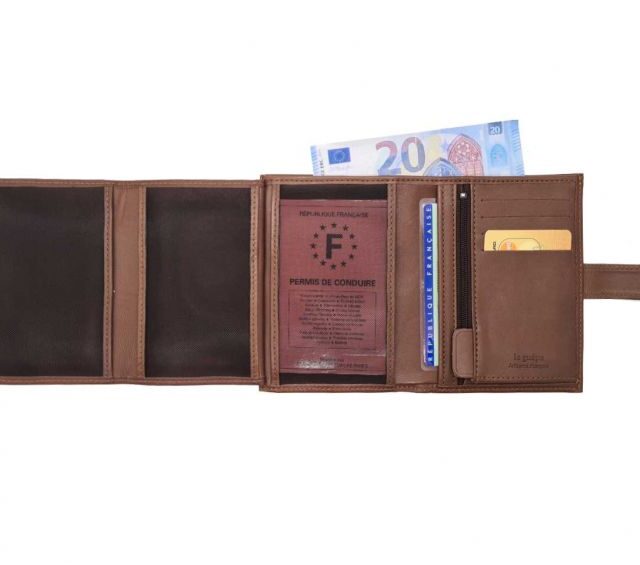 La Guêpe - Petite Maroquinerie - Portefeuille "Luxe" en cuir marron fermeture patte - 13 cm 4 volets - PM-016-01