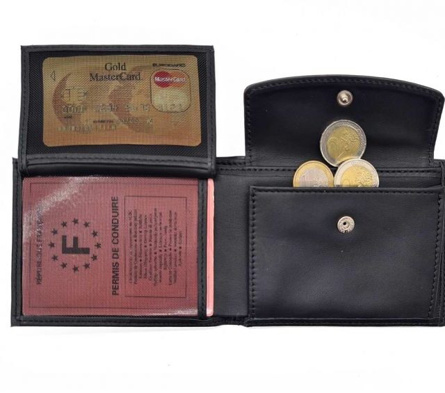 La Guêpe - Petite Maroquinerie - Portefeuille "Luxe" en cuir noir - 12 cm 3 volets à l'italienne - PM-015-01