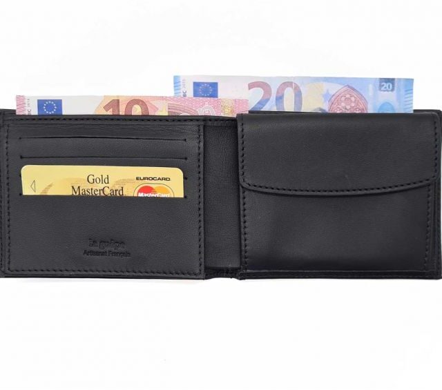 La Guêpe - Petite Maroquinerie - Portefeuille "Luxe" en cuir noir - 12 cm 3 volets à l'italienne - PM-015-01