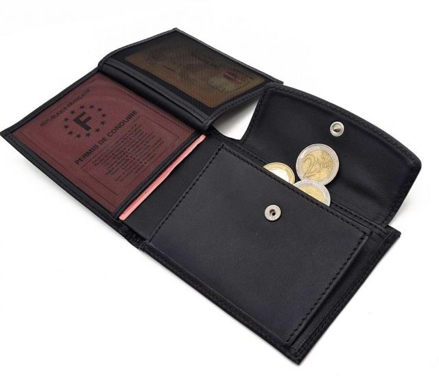 La Guêpe - Petite Maroquinerie - Portefeuille "Luxe" en cuir noir - 12 cm 3 volets à l'italienne - PM-015-01