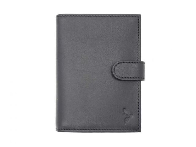 La Guêpe - Portefeuille “Luxe” en cuir noir – 13 cm, 3 volets avec patte – PM-007-01