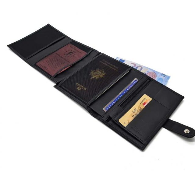 La Guêpe - Petite Maroquinerie - Portefeuille "Luxe" en cuir noir avec patte - 15 cm 4 volets - PM-020-01