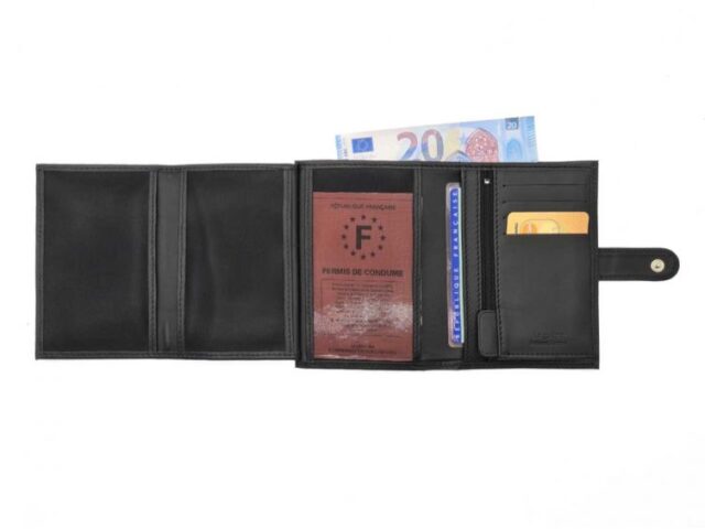 La Guêpe - Petite Maroquinerie - Portefeuille "Luxe" en cuir noir fermeture patte - 13 cm 4 volets - PM-016-01