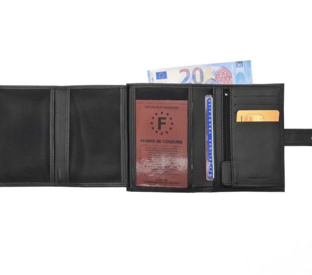 La Guêpe - Petite Maroquinerie - Portefeuille "Luxe" en cuir noir fermeture patte - 13 cm 4 volets - PM-016-01